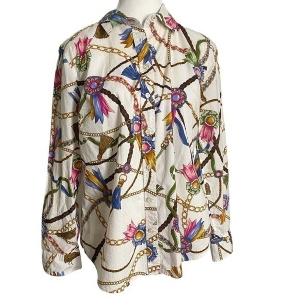 Talbots Chain Tassel Novelty Print White Gold Button Down Size MP Top